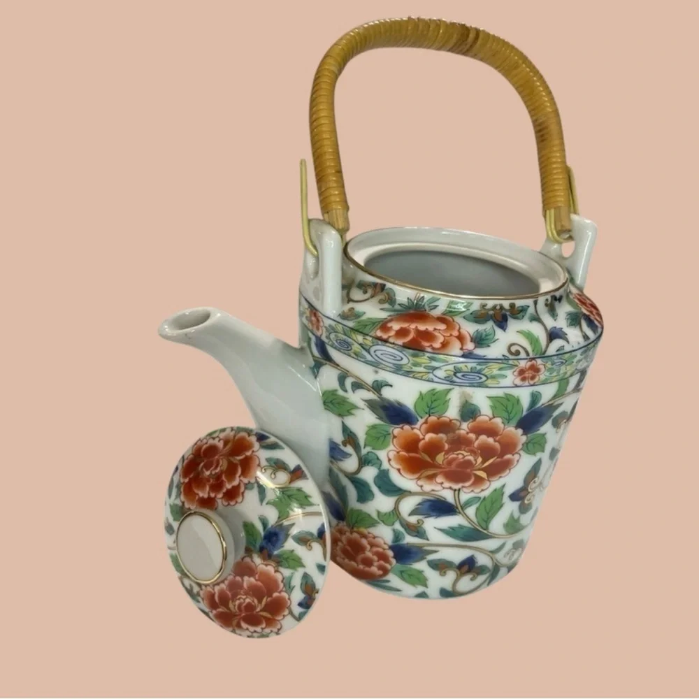Vintage Takahashi Style Japanese Porcelain Teapot Bamboo Handle Peony Sakura